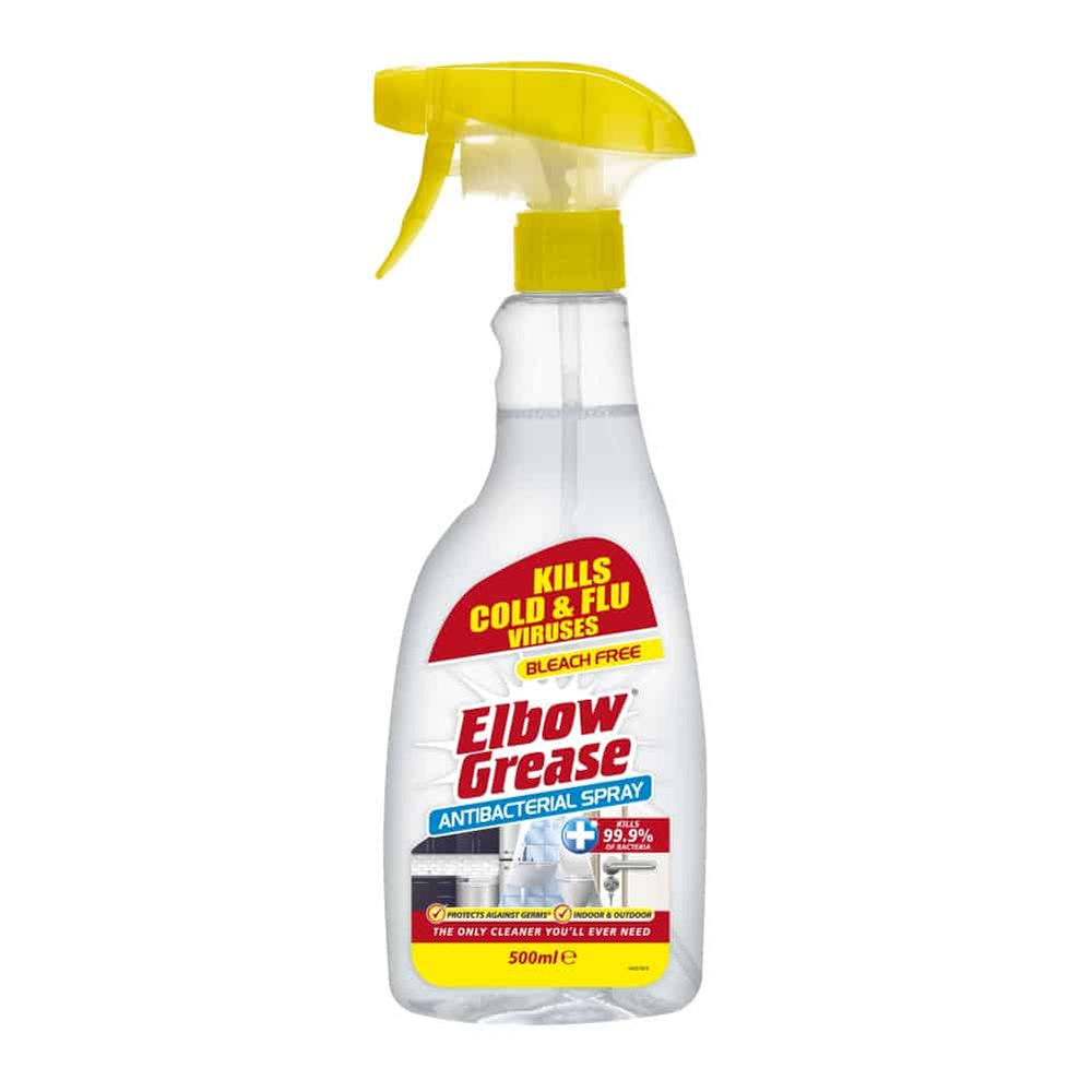 Elbow Grease antibacterial spray bottle on a white background