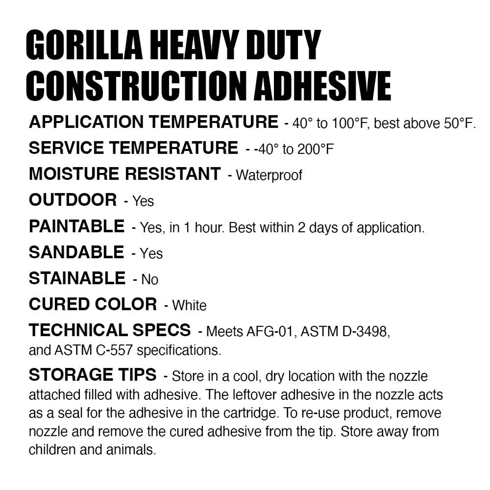 Gorilla Heavy Duty Construction Adhesive 9oz