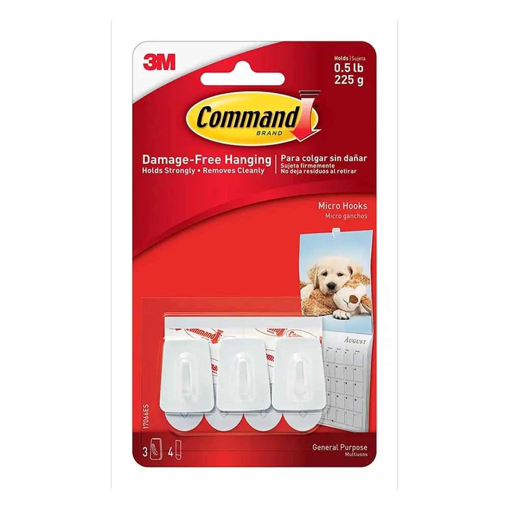 3M Command Micro Hooks white 3 pack 17066 with 4 adhesive strips