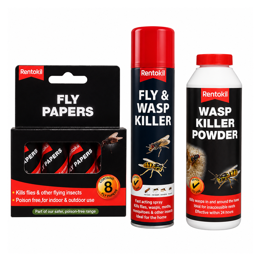 Rentokil Summer Fly and Wasp Bundle - Fly Papers, Nest Killer and Contact Spray