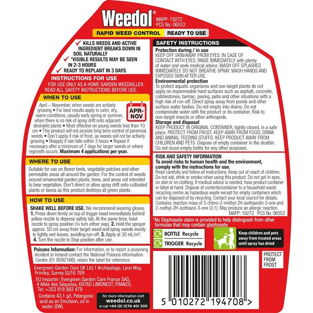 Weedol Rapid Weed Control Ready To Use Weedkiller Spray 1L