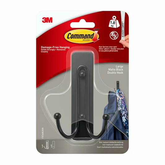 Command™ Large Double Hook 17036-MB-1-UKN, Matte Black, 1 Hook+1 Strip/Pack